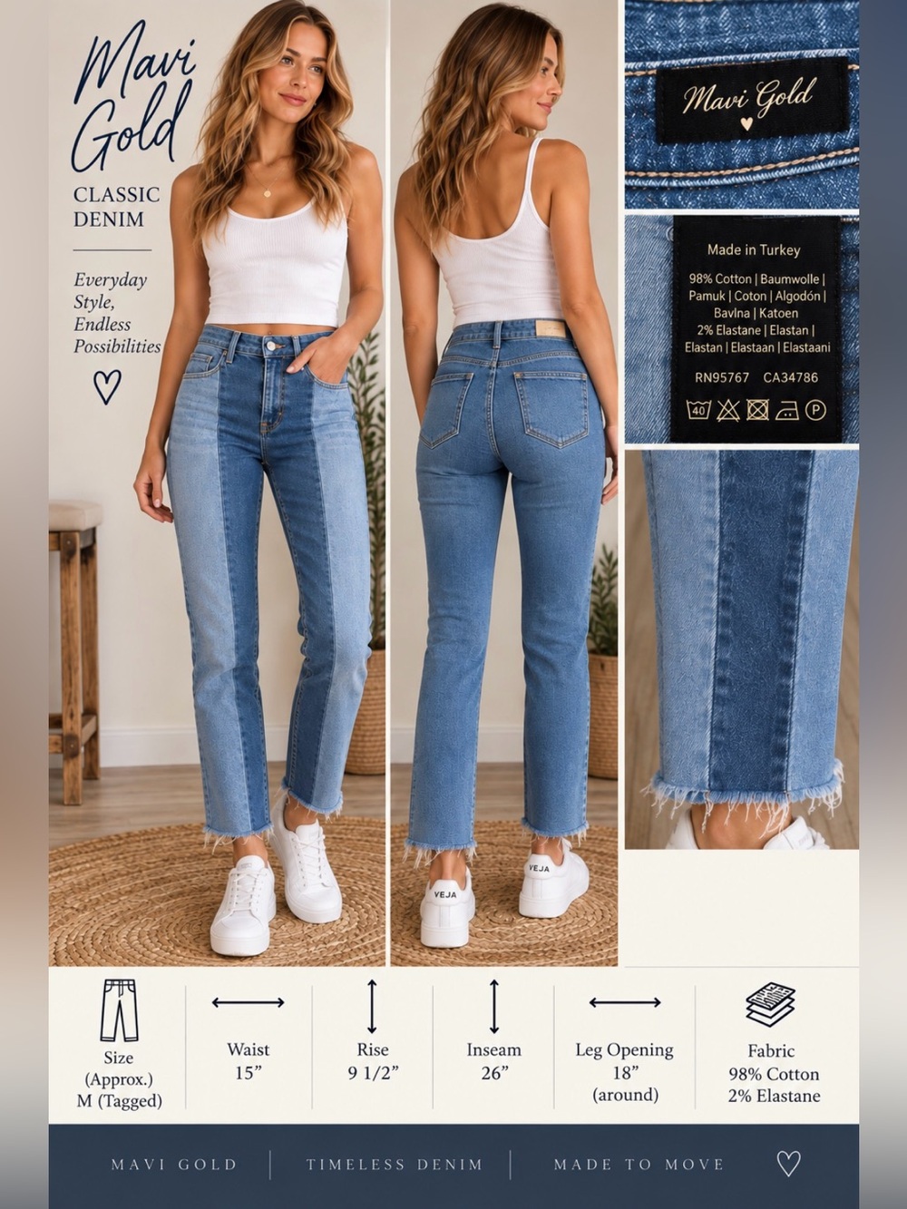 Marvi Gold Color Block Jeans Made in Turkey